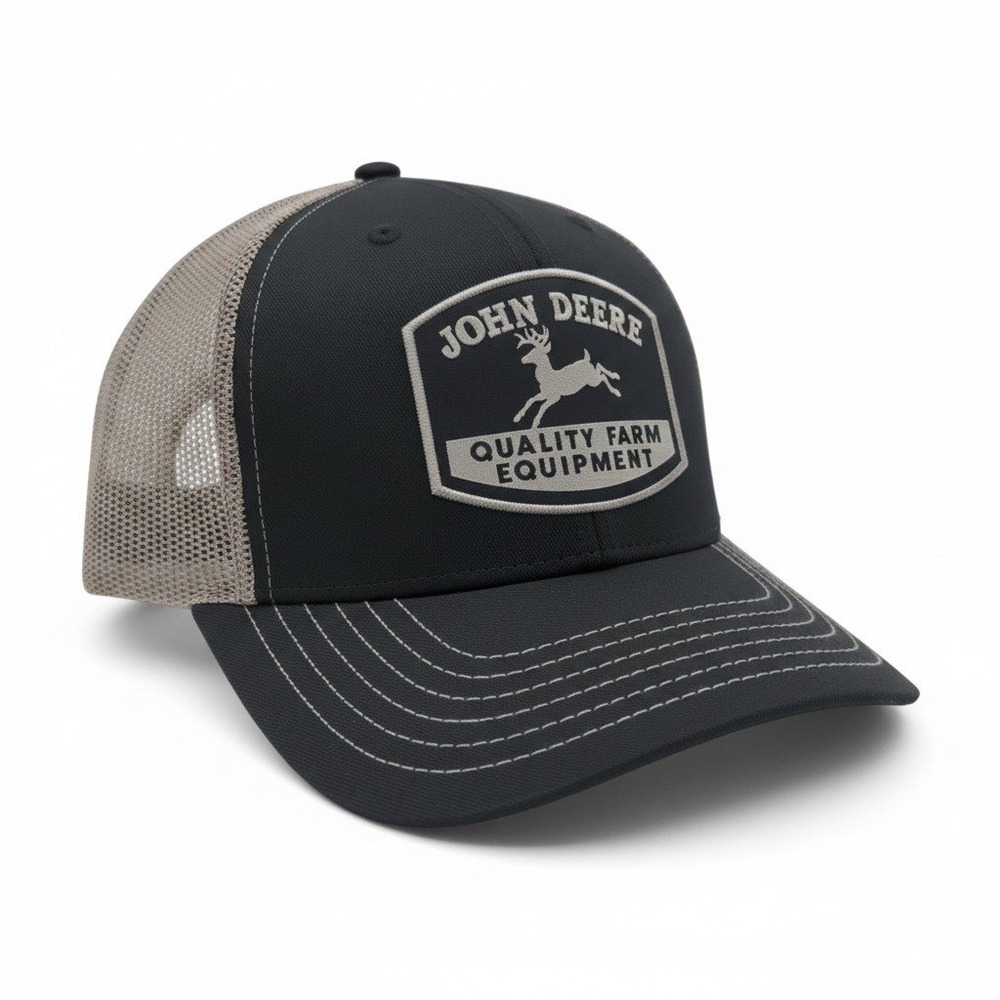 John Deere Quality Farm Equipment Trucker Hat Black Gray Snapback Mesh Cap